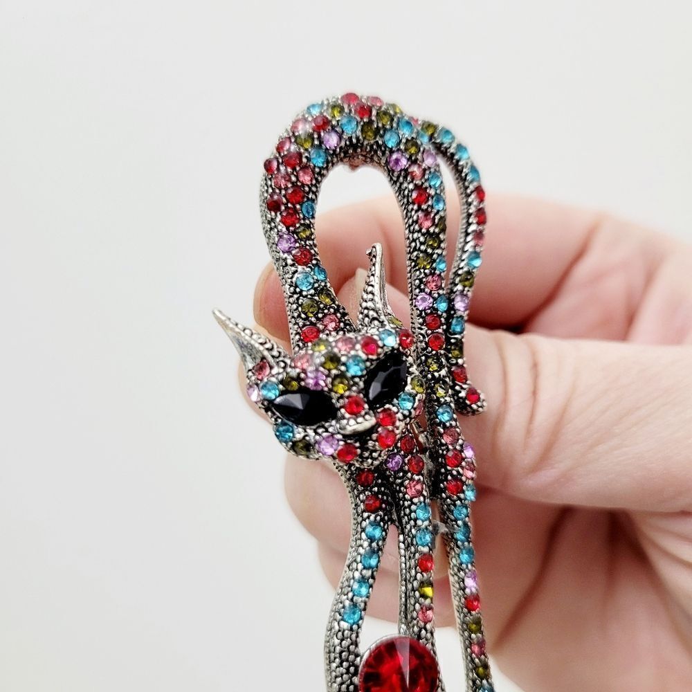 Brand New 2 In 1 Red & Blue Silver Tone Cat Rhinestone Brooch Pin & Pend… - Picture 6 of 10